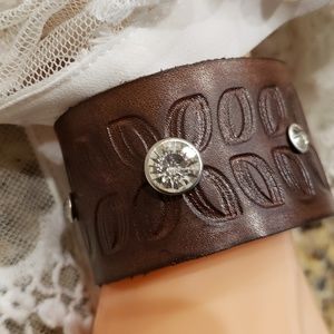 Dark Brown tooled leather bracelet with Crystals